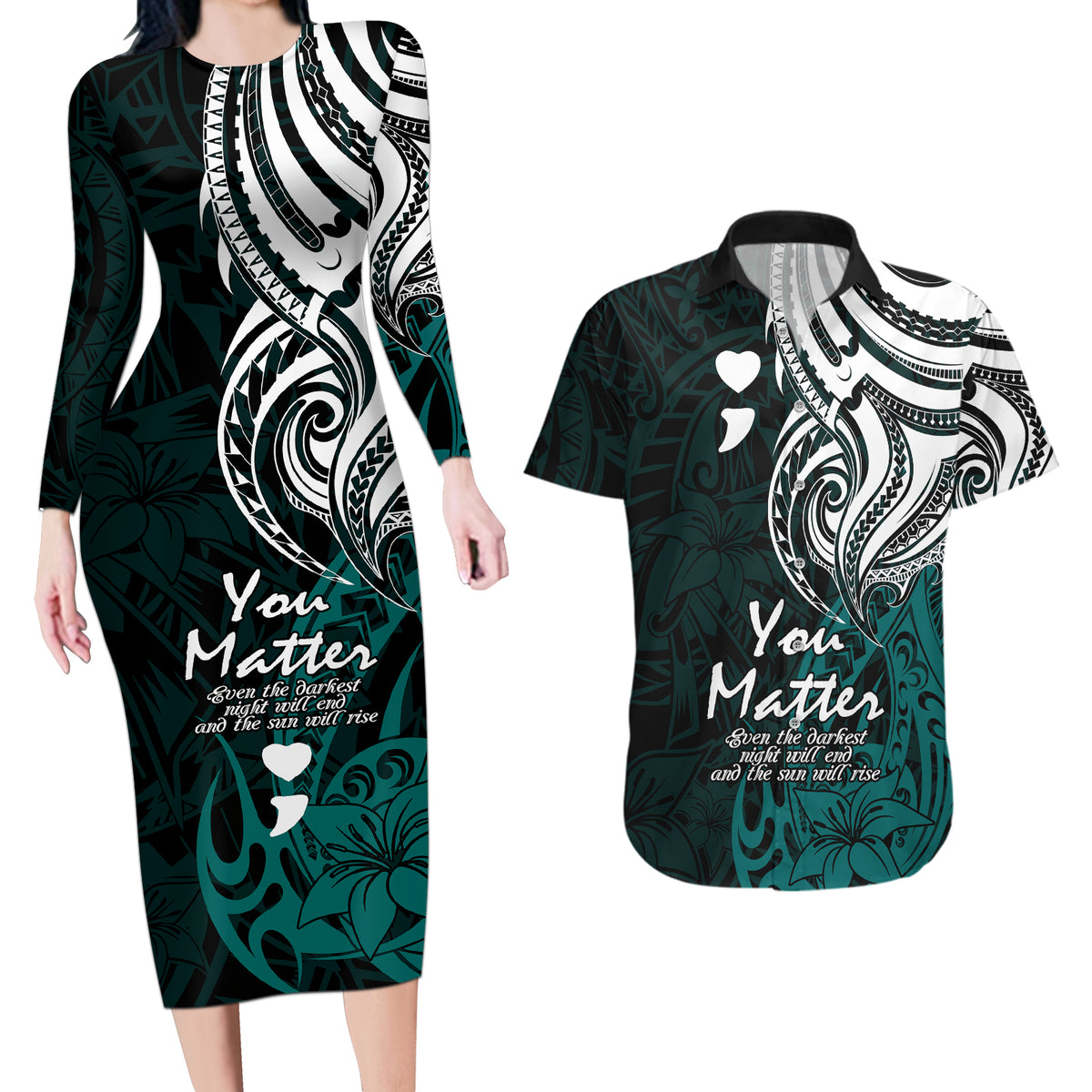 Your Matter Suicide Prevention Couples Matching Long Sleeve Bodycon Dress and Hawaiian Shirt Turqoise Polynesian Tribal LT9 - Wonder Print Shop