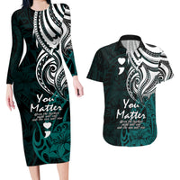 Your Matter Suicide Prevention Couples Matching Long Sleeve Bodycon Dress and Hawaiian Shirt Turqoise Polynesian Tribal LT9 - Wonder Print Shop