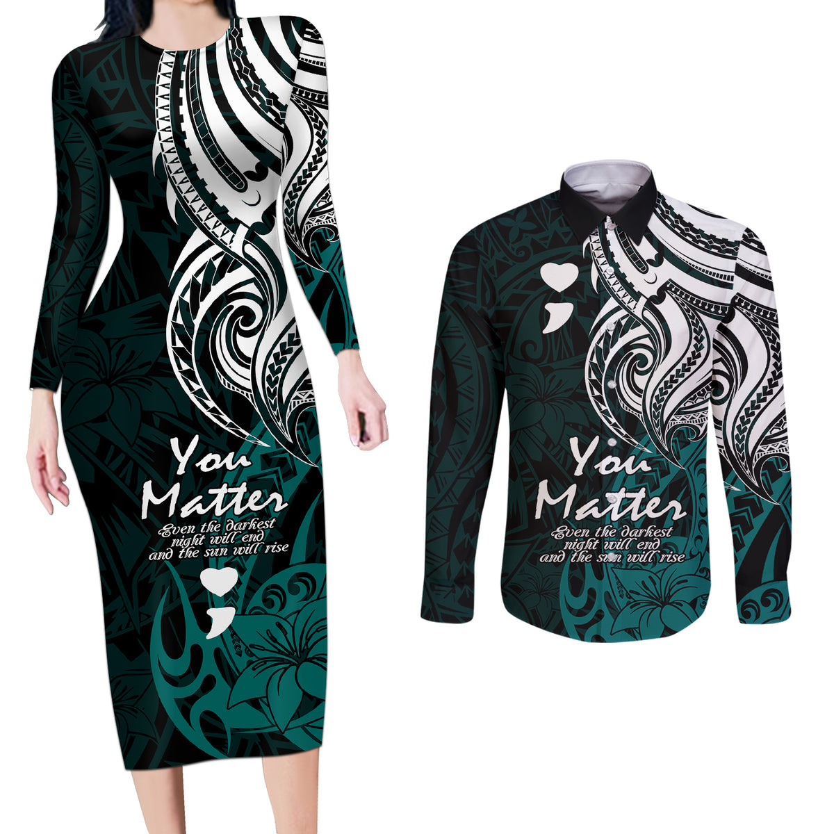 Your Matter Suicide Prevention Couples Matching Long Sleeve Bodycon Dress and Long Sleeve Button Shirts Turqoise Polynesian Tribal LT9 - Wonder Print Shop