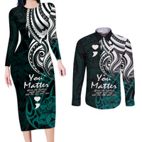 Your Matter Suicide Prevention Couples Matching Long Sleeve Bodycon Dress and Long Sleeve Button Shirts Turqoise Polynesian Tribal LT9 - Wonder Print Shop