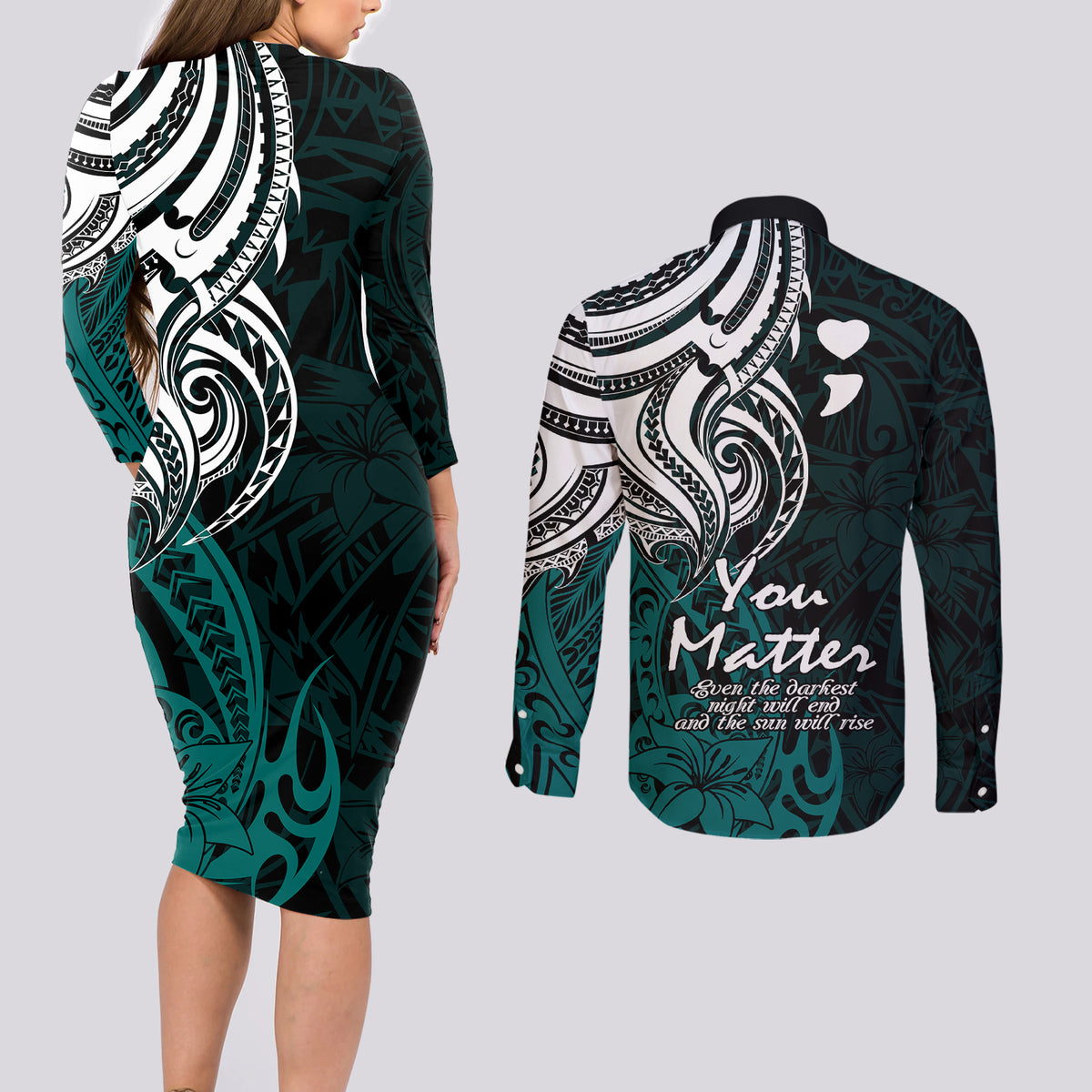 Your Matter Suicide Prevention Couples Matching Long Sleeve Bodycon Dress and Long Sleeve Button Shirts Turqoise Polynesian Tribal LT9 - Wonder Print Shop