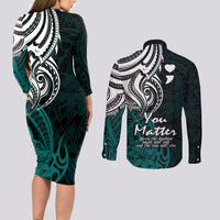 Your Matter Suicide Prevention Couples Matching Long Sleeve Bodycon Dress and Long Sleeve Button Shirts Turqoise Polynesian Tribal LT9 - Wonder Print Shop