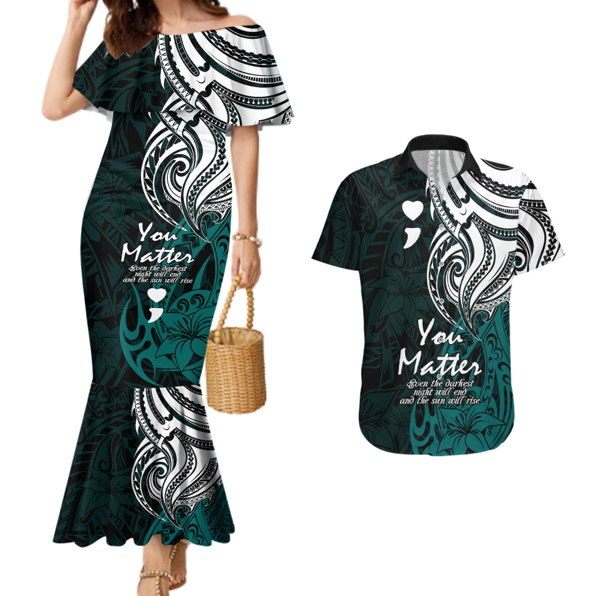 Your Matter Suicide Prevention Couples Matching Mermaid Dress and Hawaiian Shirt Turqoise Polynesian Tribal LT9 - Wonder Print Shop