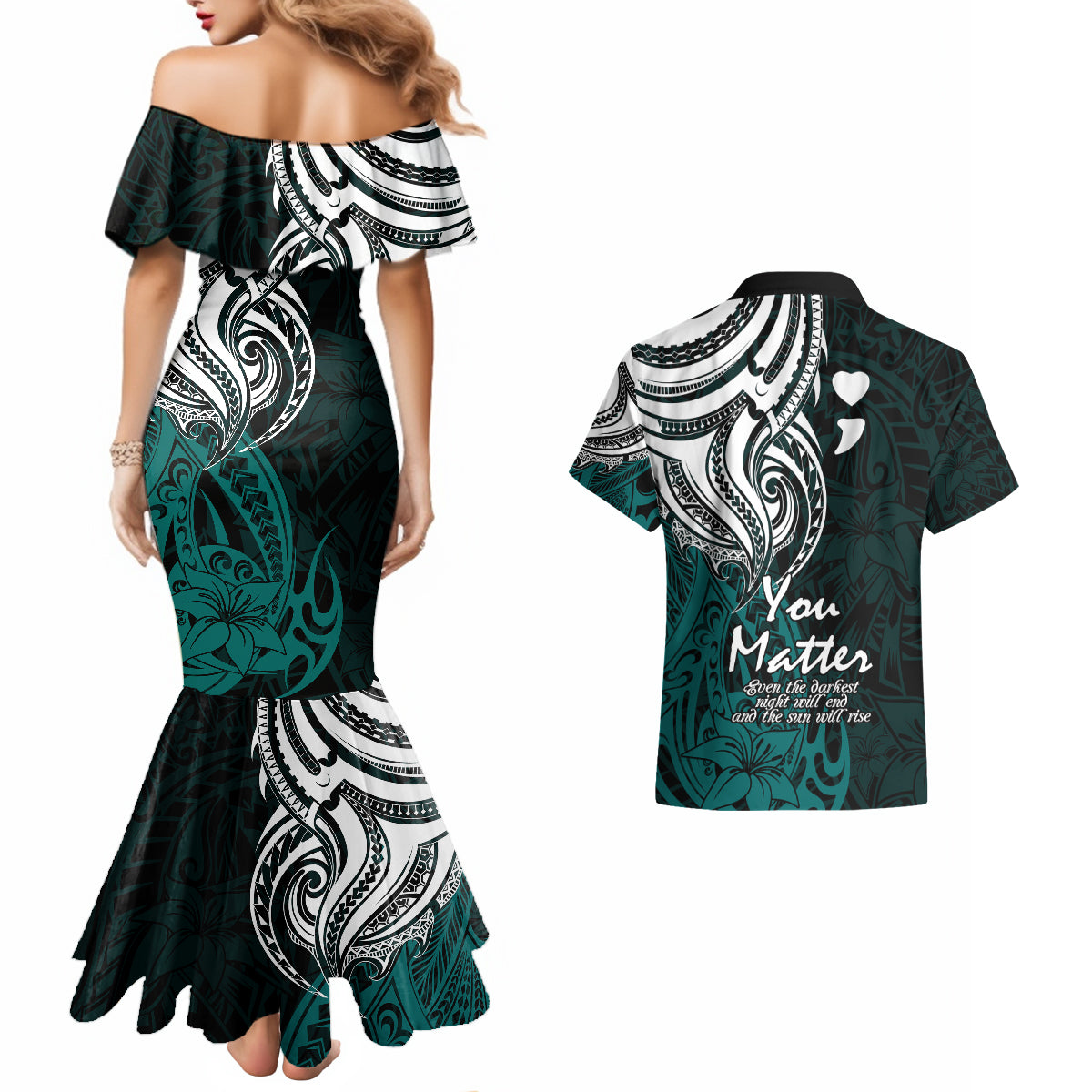 Your Matter Suicide Prevention Couples Matching Mermaid Dress and Hawaiian Shirt Turqoise Polynesian Tribal LT9 - Wonder Print Shop