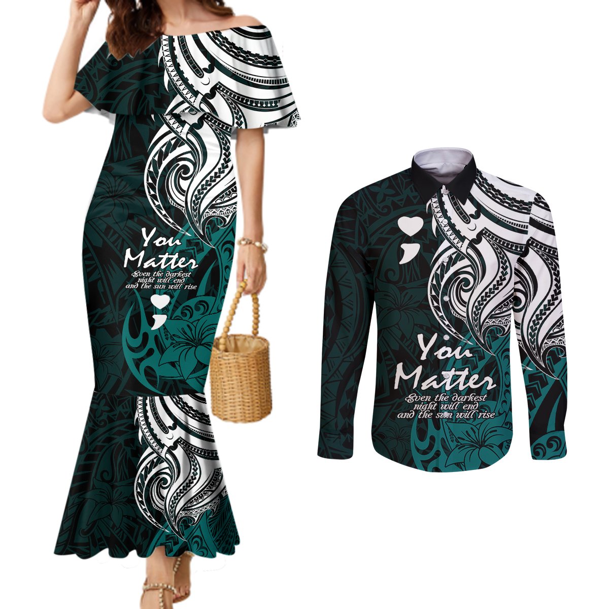 your-matter-suicide-prevention-couples-matching-mermaid-dress-and-long-sleeve-button-shirts-turqoise-polynesian-tribal