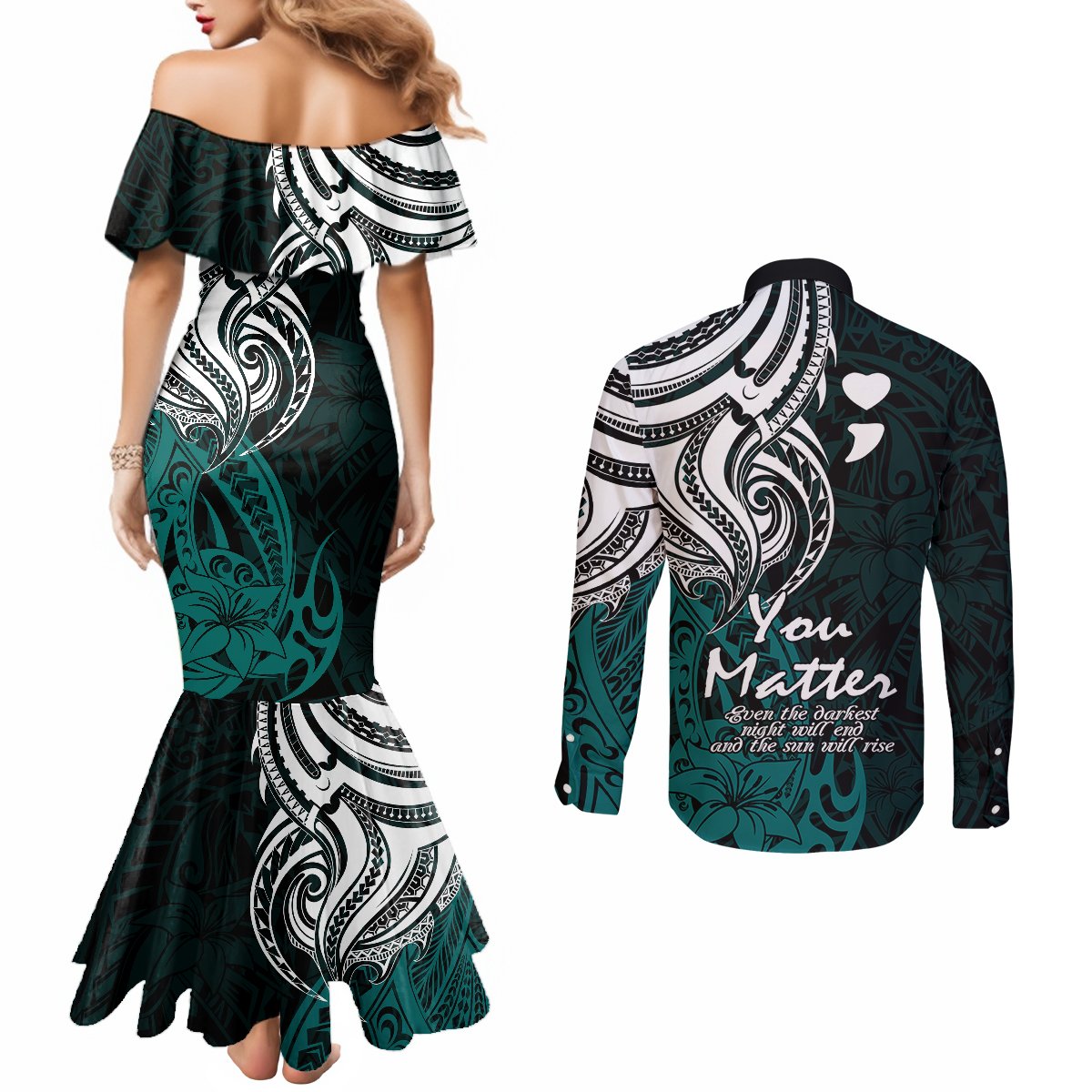 your-matter-suicide-prevention-couples-matching-mermaid-dress-and-long-sleeve-button-shirts-turqoise-polynesian-tribal