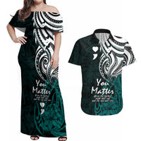 Your Matter Suicide Prevention Couples Matching Off Shoulder Maxi Dress and Hawaiian Shirt Turqoise Polynesian Tribal LT9 - Wonder Print Shop