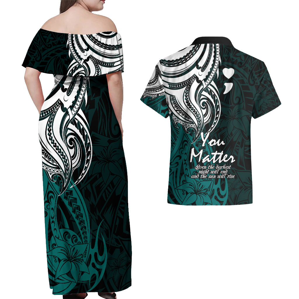 Your Matter Suicide Prevention Couples Matching Off Shoulder Maxi Dress and Hawaiian Shirt Turqoise Polynesian Tribal LT9 - Wonder Print Shop