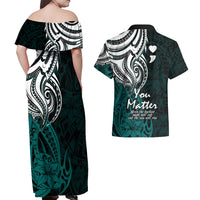 Your Matter Suicide Prevention Couples Matching Off Shoulder Maxi Dress and Hawaiian Shirt Turqoise Polynesian Tribal LT9 - Wonder Print Shop