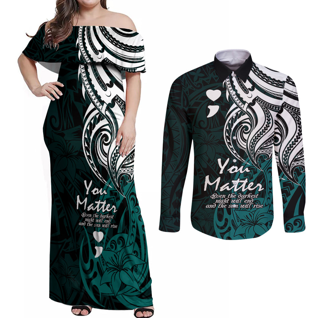 Your Matter Suicide Prevention Couples Matching Off Shoulder Maxi Dress and Long Sleeve Button Shirts Turqoise Polynesian Tribal LT9 - Wonder Print Shop