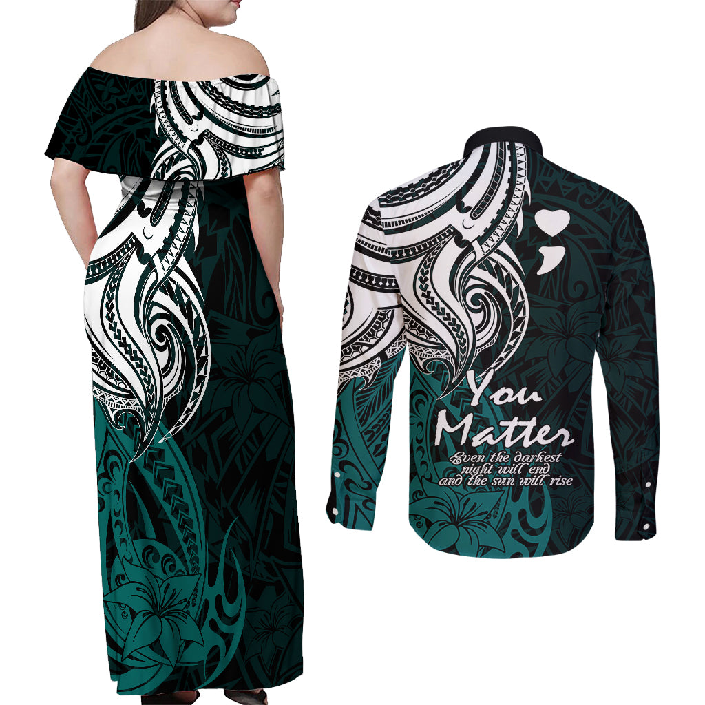 Your Matter Suicide Prevention Couples Matching Off Shoulder Maxi Dress and Long Sleeve Button Shirts Turqoise Polynesian Tribal LT9 - Wonder Print Shop