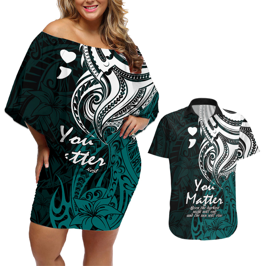 Your Matter Suicide Prevention Couples Matching Off Shoulder Short Dress and Hawaiian Shirt Turqoise Polynesian Tribal LT9 - Wonder Print Shop