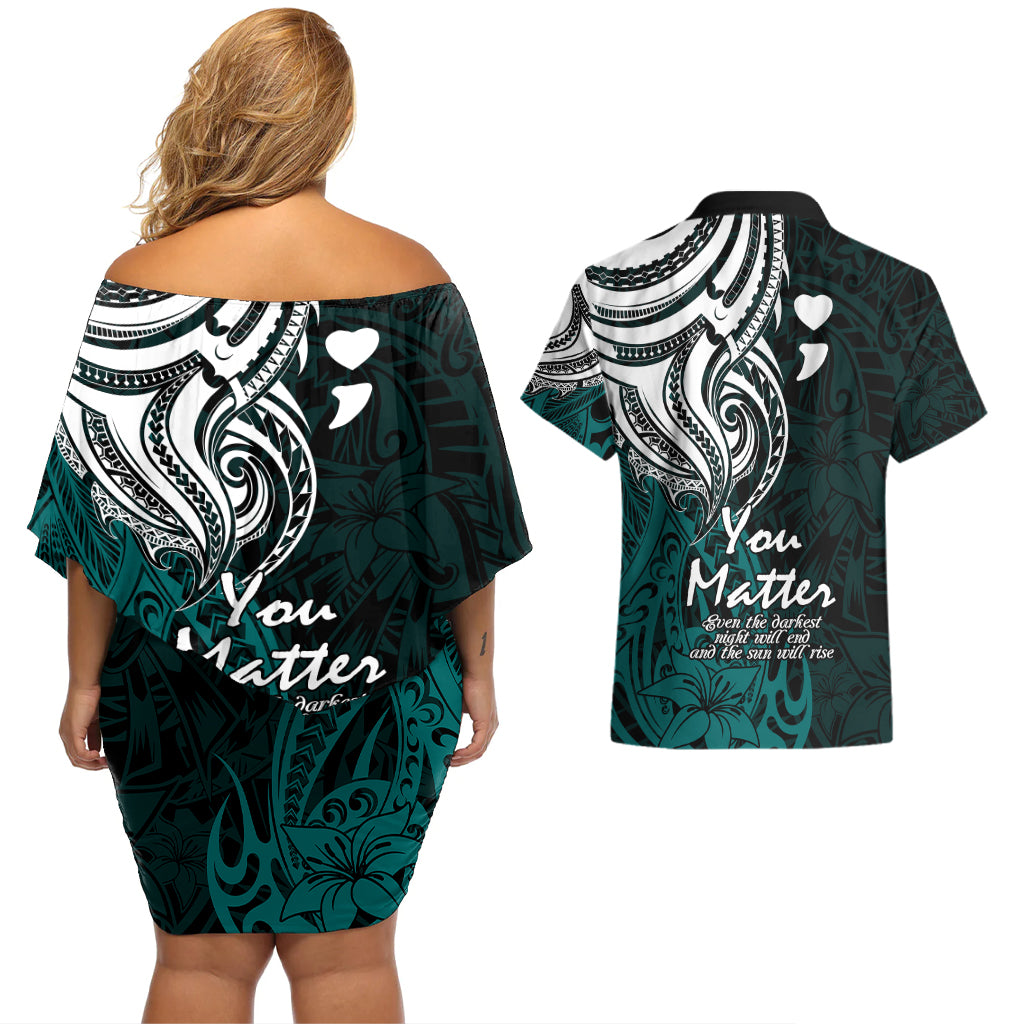 Your Matter Suicide Prevention Couples Matching Off Shoulder Short Dress and Hawaiian Shirt Turqoise Polynesian Tribal LT9 - Wonder Print Shop
