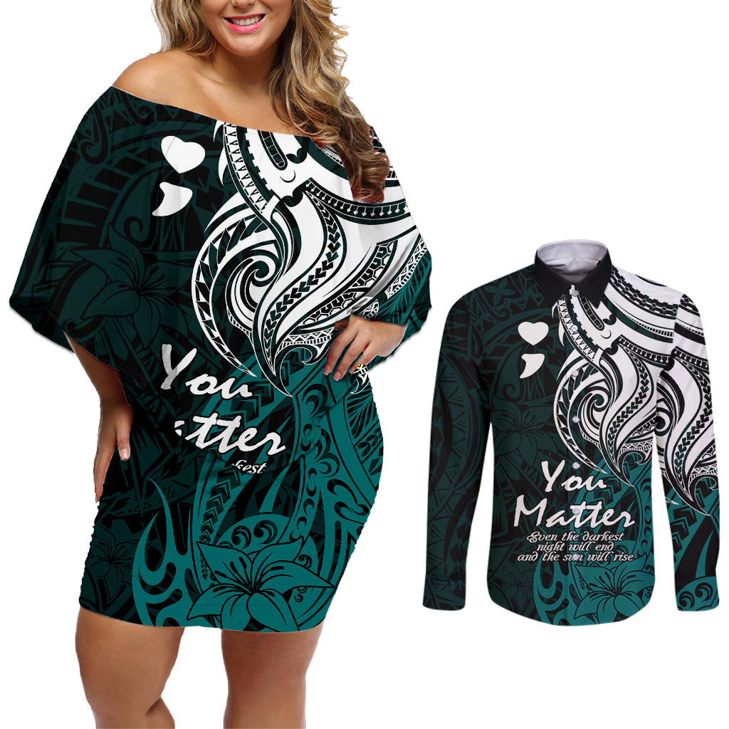 Your Matter Suicide Prevention Couples Matching Off Shoulder Short Dress and Long Sleeve Button Shirts Turqoise Polynesian Tribal LT9 - Wonder Print Shop