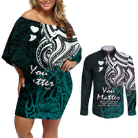 Your Matter Suicide Prevention Couples Matching Off Shoulder Short Dress and Long Sleeve Button Shirts Turqoise Polynesian Tribal LT9 - Wonder Print Shop