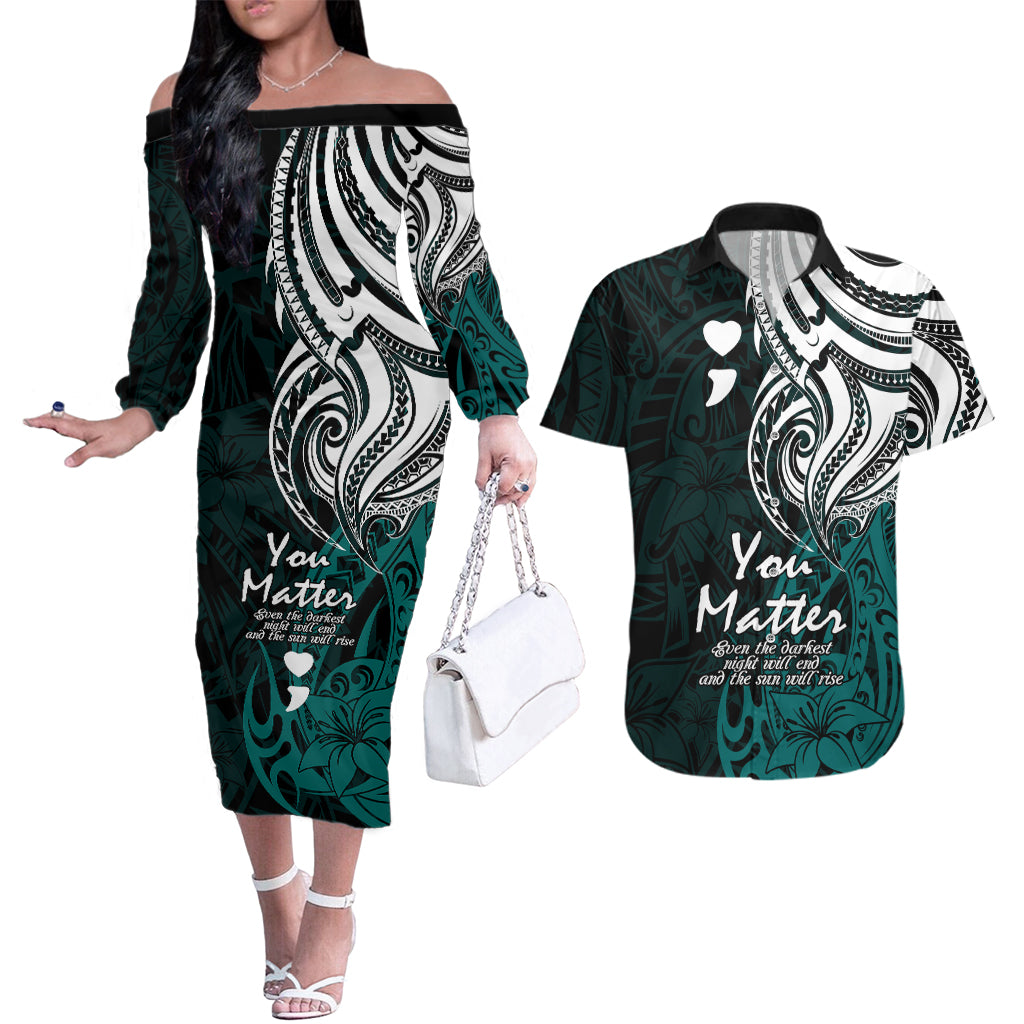 Your Matter Suicide Prevention Couples Matching Off The Shoulder Long Sleeve Dress and Hawaiian Shirt Turqoise Polynesian Tribal LT9 - Wonder Print Shop