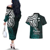 Your Matter Suicide Prevention Couples Matching Off The Shoulder Long Sleeve Dress and Hawaiian Shirt Turqoise Polynesian Tribal LT9 - Wonder Print Shop