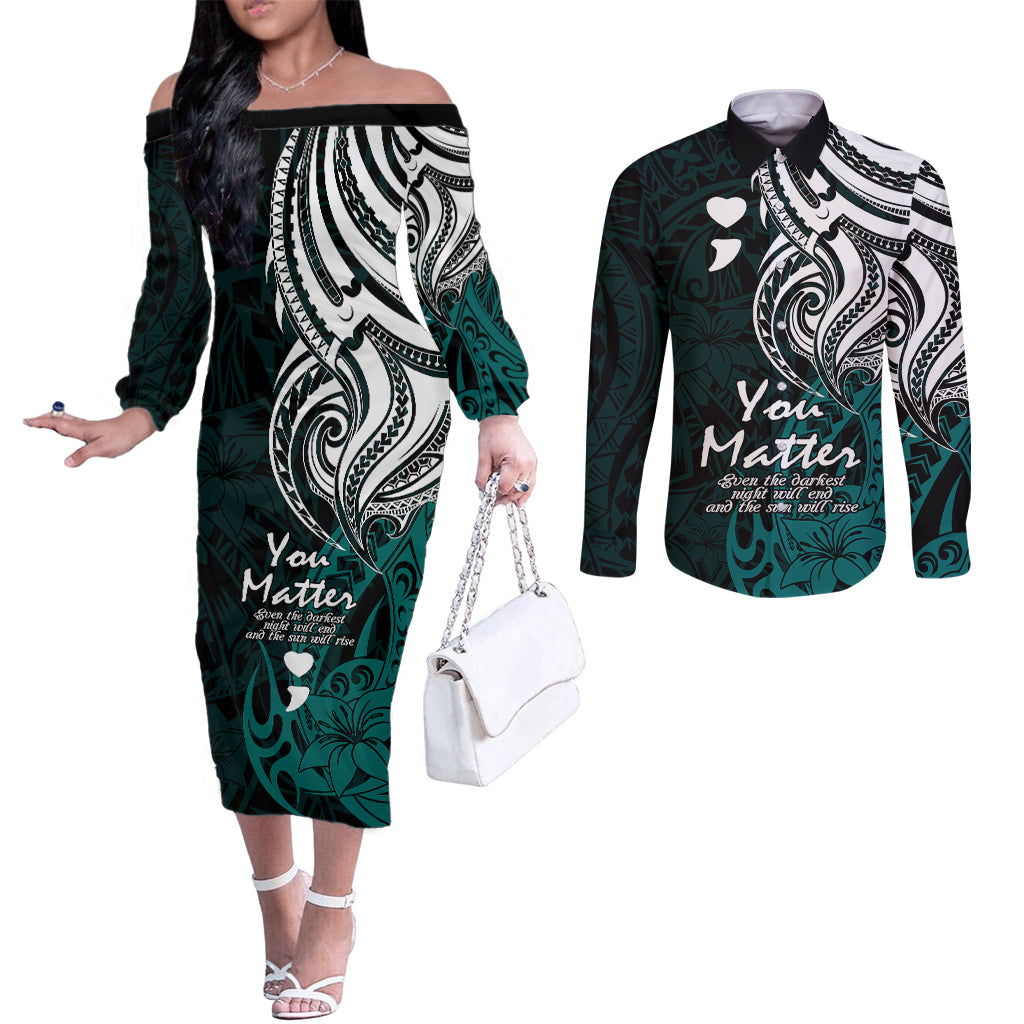 your-matter-suicide-prevention-couples-matching-off-the-shoulder-long-sleeve-dress-and-long-sleeve-button-shirts-turqoise-polynesian-tribal