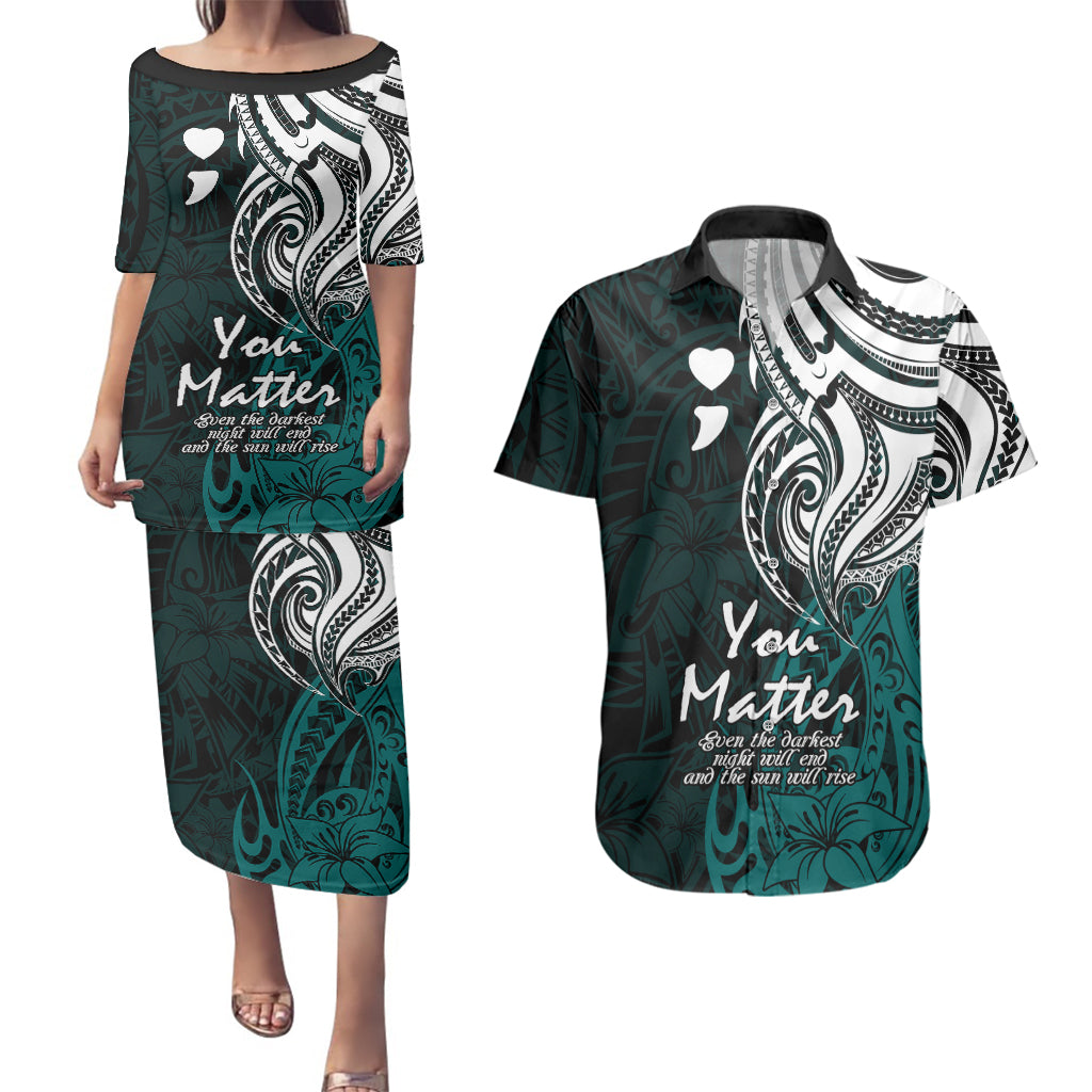 Your Matter Suicide Prevention Couples Matching Puletasi Dress and Hawaiian Shirt Turqoise Polynesian Tribal LT9 - Wonder Print Shop