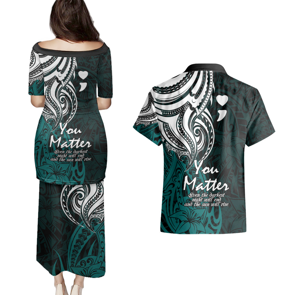 Your Matter Suicide Prevention Couples Matching Puletasi Dress and Hawaiian Shirt Turqoise Polynesian Tribal LT9 - Wonder Print Shop