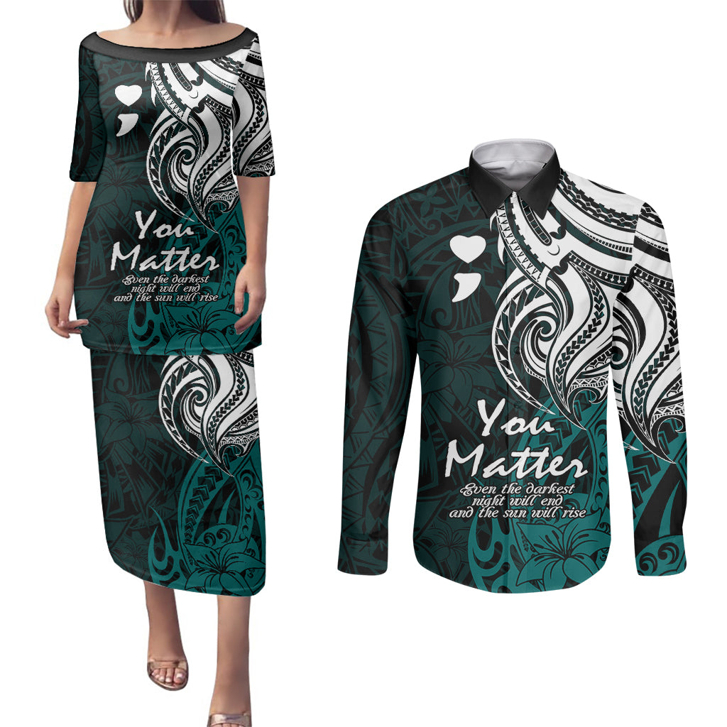 Your Matter Suicide Prevention Couples Matching Puletasi Dress and Long Sleeve Button Shirts Turqoise Polynesian Tribal LT9 - Wonder Print Shop