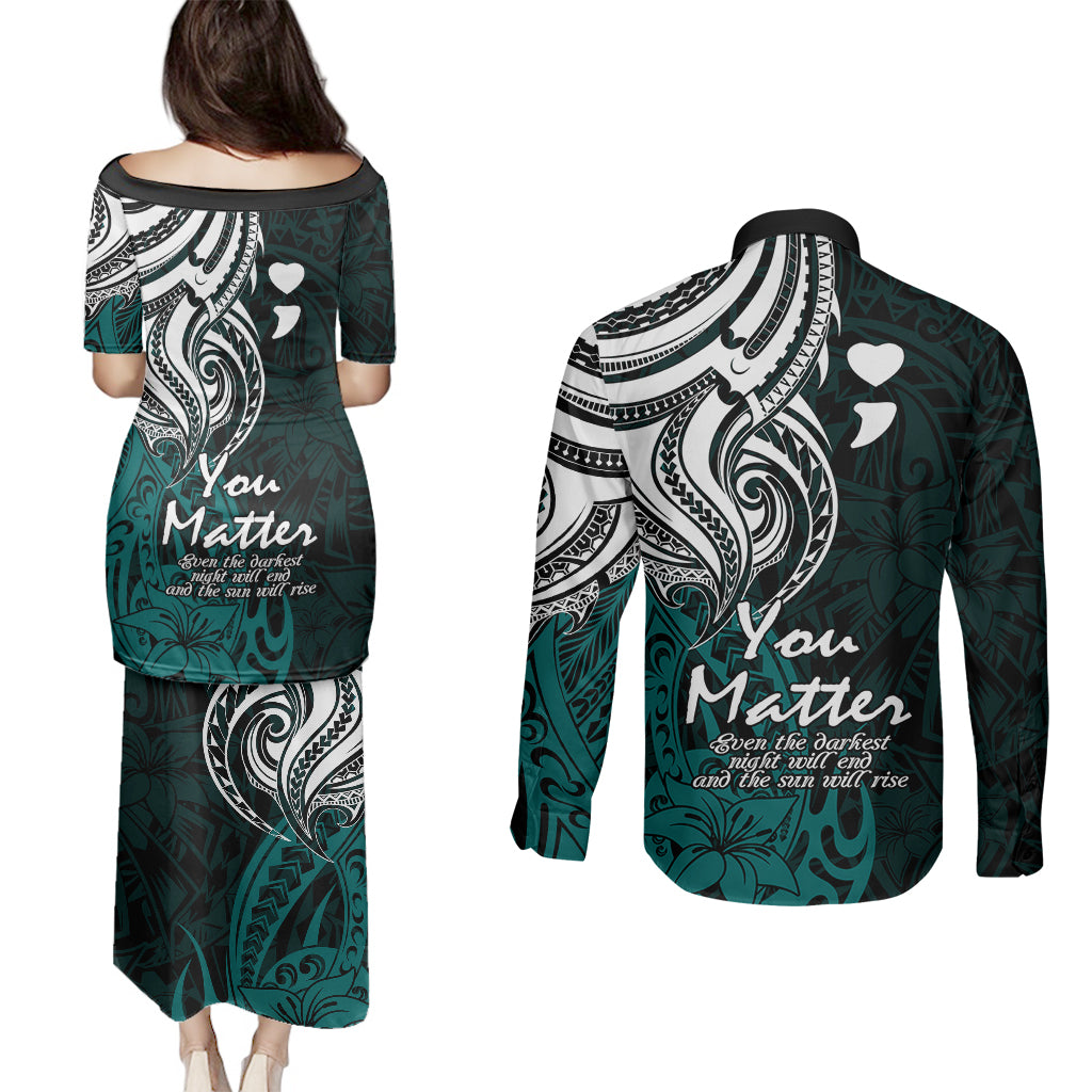Your Matter Suicide Prevention Couples Matching Puletasi Dress and Long Sleeve Button Shirts Turqoise Polynesian Tribal LT9 - Wonder Print Shop