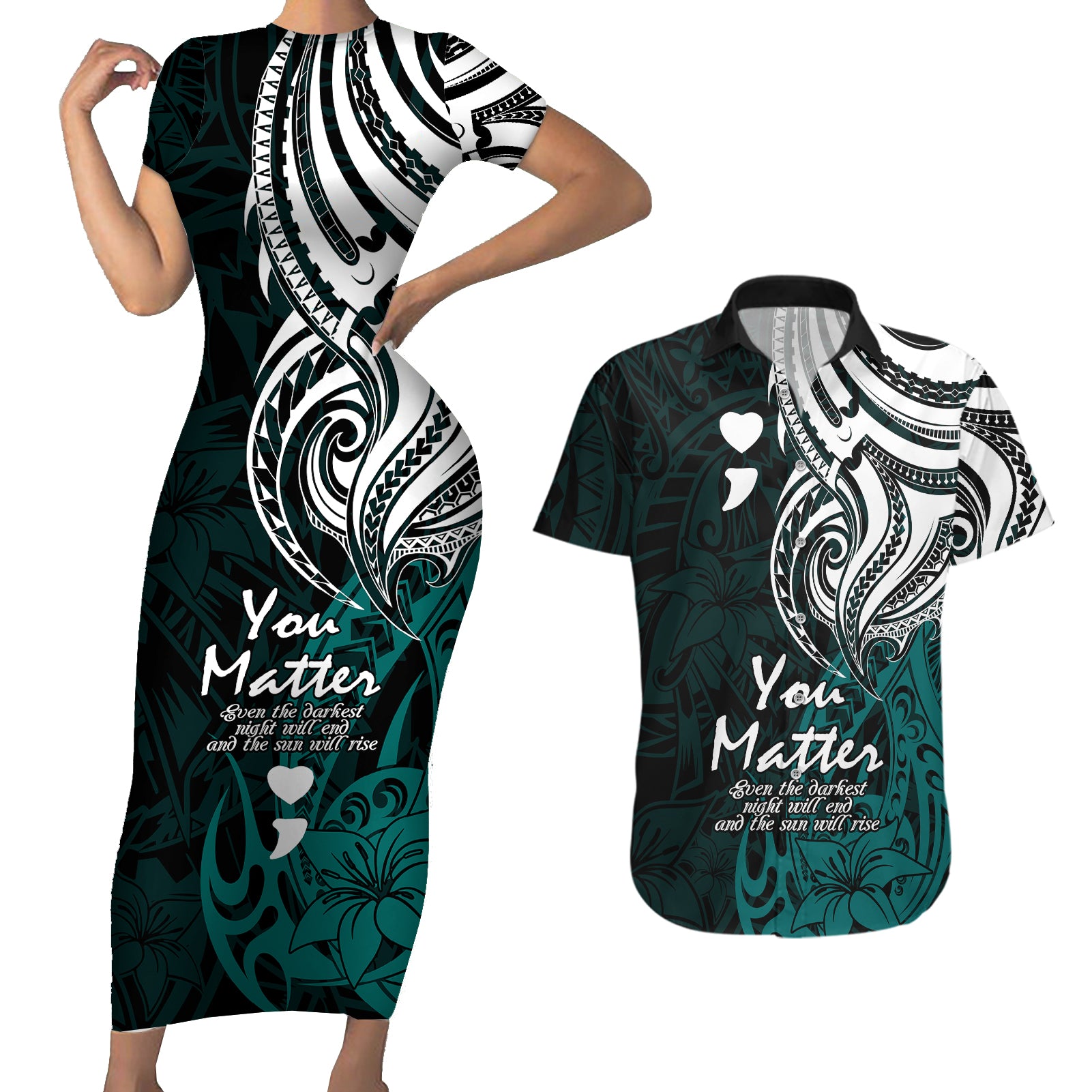 Your Matter Suicide Prevention Couples Matching Short Sleeve Bodycon Dress and Hawaiian Shirt Turqoise Polynesian Tribal LT9 - Wonder Print Shop
