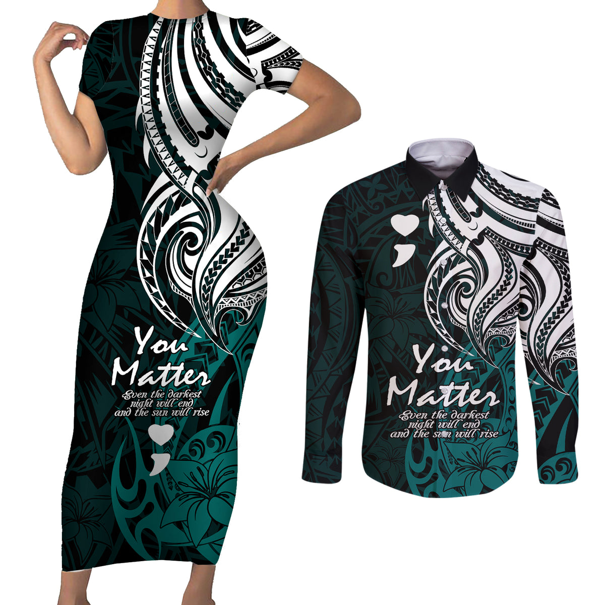 Your Matter Suicide Prevention Couples Matching Short Sleeve Bodycon Dress and Long Sleeve Button Shirts Turqoise Polynesian Tribal LT9 - Wonder Print Shop