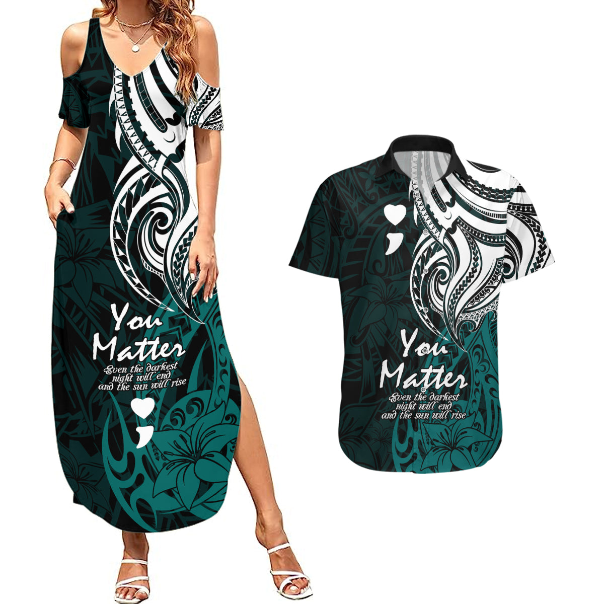 Your Matter Suicide Prevention Couples Matching Summer Maxi Dress and Hawaiian Shirt Turqoise Polynesian Tribal LT9 - Wonder Print Shop