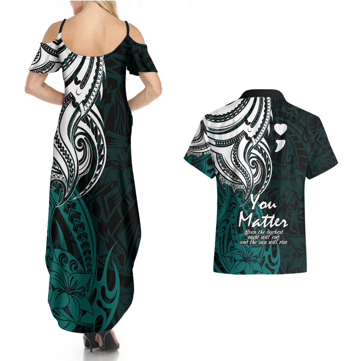 Your Matter Suicide Prevention Couples Matching Summer Maxi Dress and Hawaiian Shirt Turqoise Polynesian Tribal LT9 - Wonder Print Shop