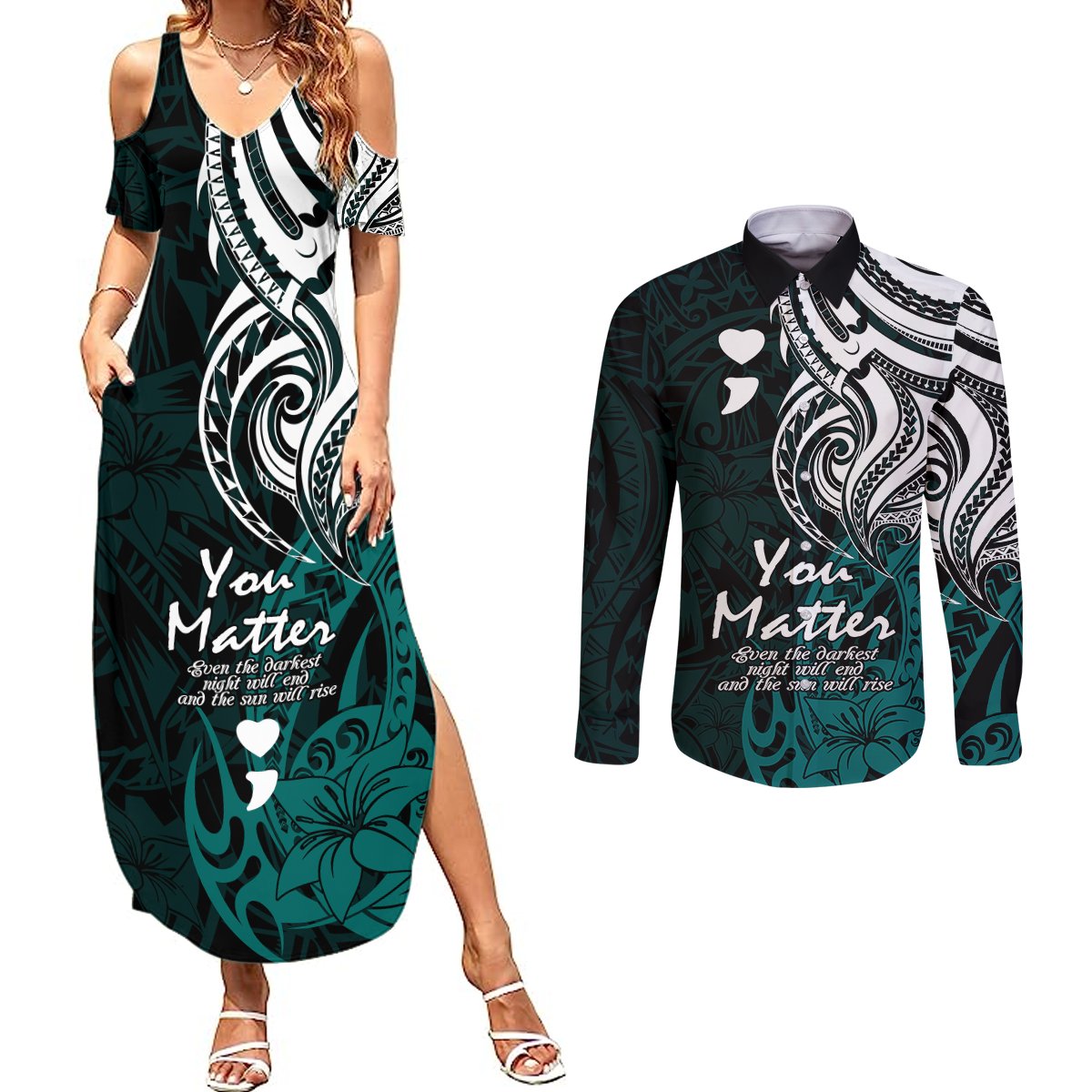 Your Matter Suicide Prevention Couples Matching Summer Maxi Dress and Long Sleeve Button Shirts Turqoise Polynesian Tribal LT9 - Wonder Print Shop