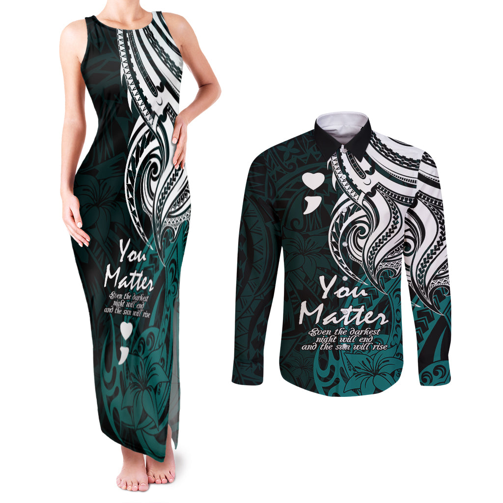 Your Matter Suicide Prevention Couples Matching Tank Maxi Dress and Long Sleeve Button Shirts Turqoise Polynesian Tribal LT9 - Wonder Print Shop