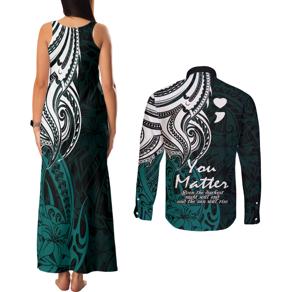 Your Matter Suicide Prevention Couples Matching Tank Maxi Dress and Long Sleeve Button Shirts Turqoise Polynesian Tribal LT9 - Wonder Print Shop