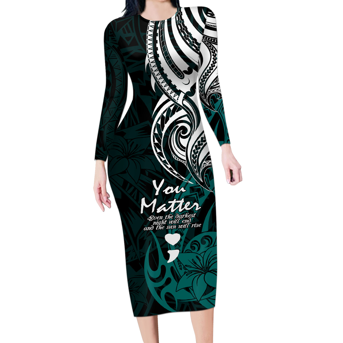 Your Matter Suicide Prevention Long Sleeve Bodycon Dress Turqoise Polynesian Tribal - Wonder Print Shop