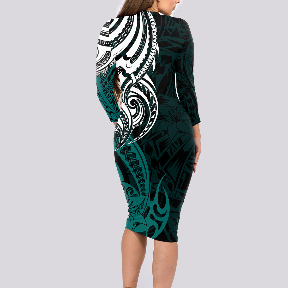 Your Matter Suicide Prevention Long Sleeve Bodycon Dress Turqoise Polynesian Tribal - Wonder Print Shop