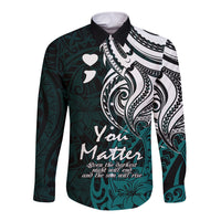 Your Matter Suicide Prevention Long Sleeve Button Shirt Turqoise Polynesian Tribal - Wonder Print Shop