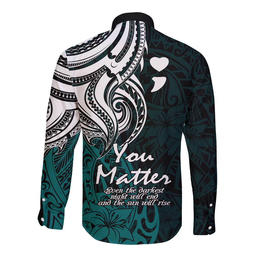 Your Matter Suicide Prevention Long Sleeve Button Shirt Turqoise Polynesian Tribal - Wonder Print Shop