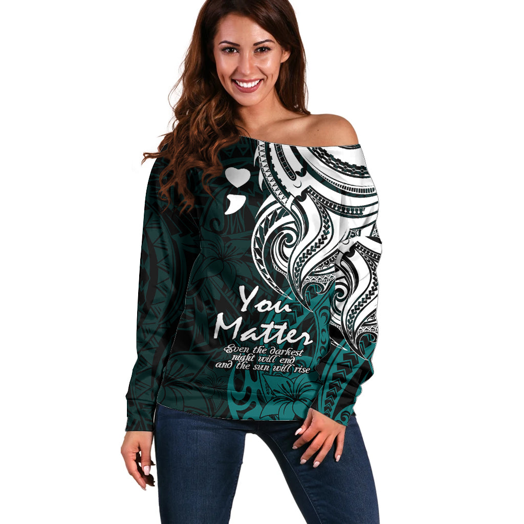 Your Matter Suicide Prevention Off Shoulder Sweater Turqoise Polynesian Tribal - Wonder Print Shop