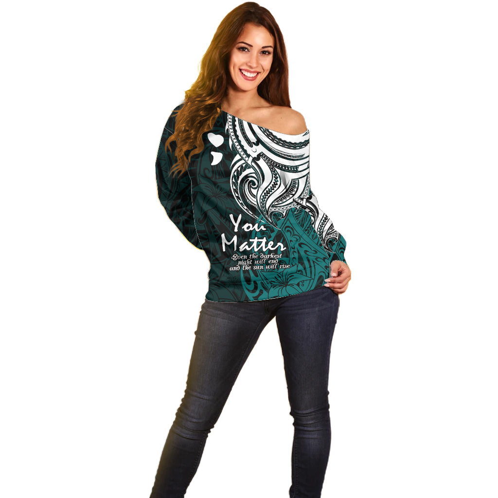 Your Matter Suicide Prevention Off Shoulder Sweater Turqoise Polynesian Tribal - Wonder Print Shop