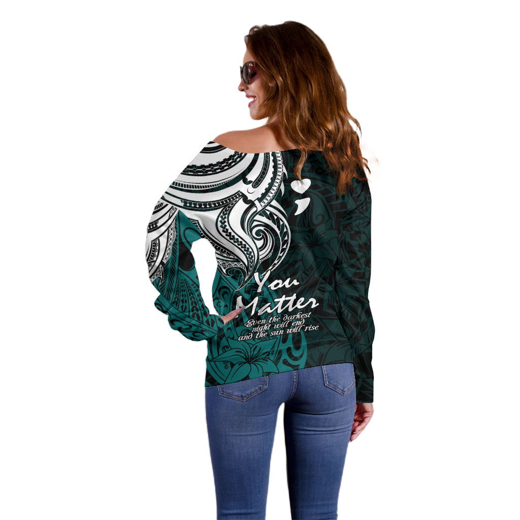 Your Matter Suicide Prevention Off Shoulder Sweater Turqoise Polynesian Tribal - Wonder Print Shop