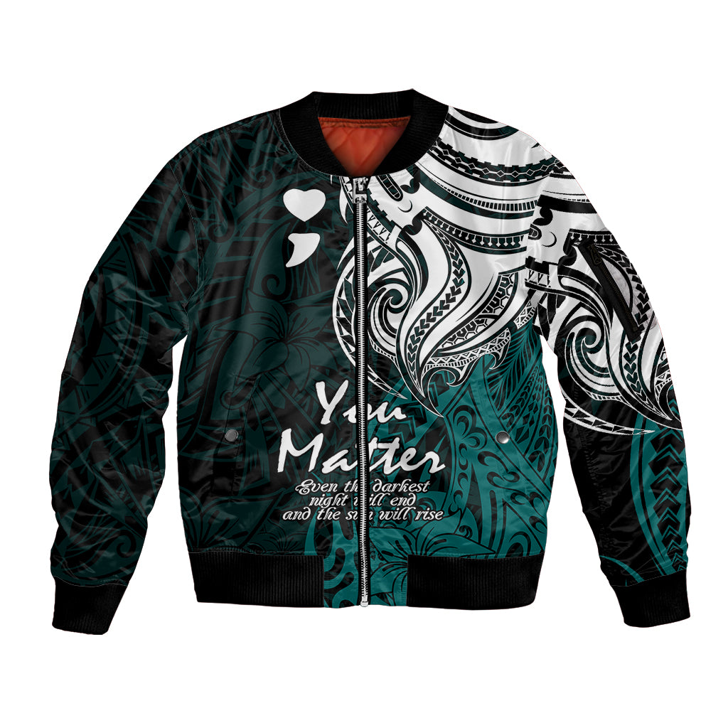 Your Matter Suicide Prevention Sleeve Zip Bomber Jacket Turqoise Polynesian Tribal - Wonder Print Shop