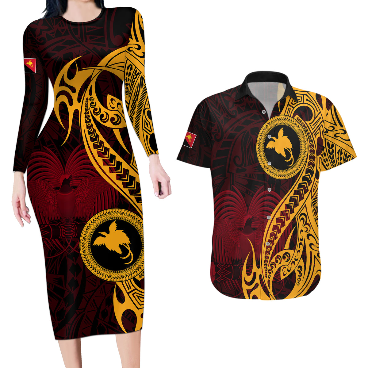Papua New Guinea Island Couples Matching Long Sleeve Bodycon Dress and Hawaiian Shirt Bird of Paradise with Gold Polynesian Tribal LT9 - Wonder Print Shop