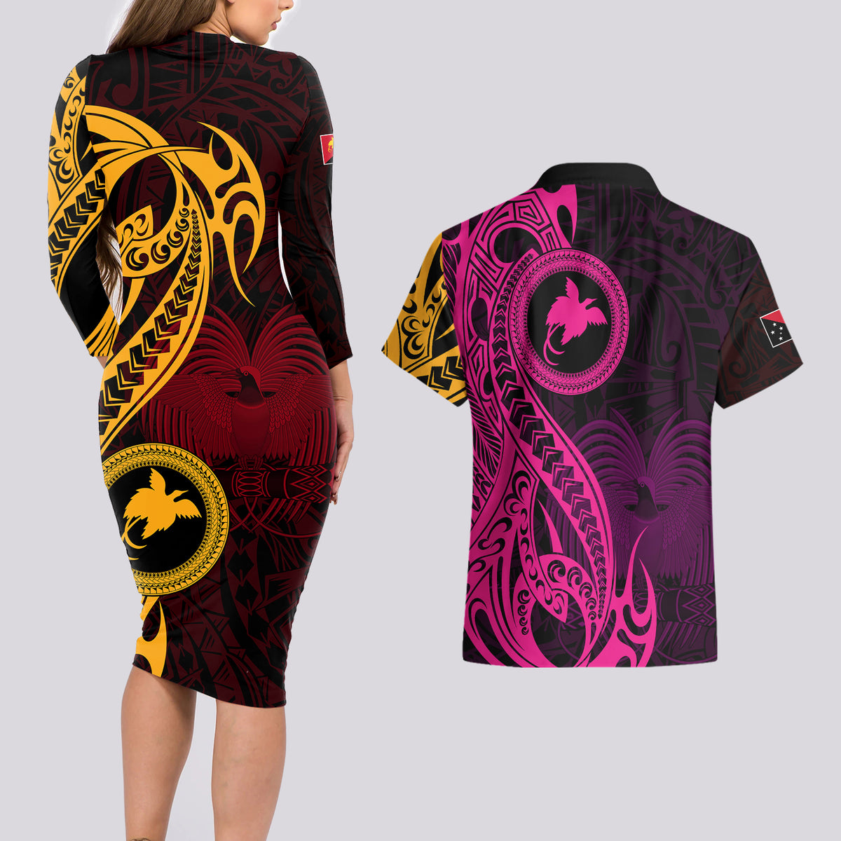Papua New Guinea Island Couples Matching Long Sleeve Bodycon Dress and Hawaiian Shirt Bird of Paradise with Gold Polynesian Tribal LT9 - Wonder Print Shop