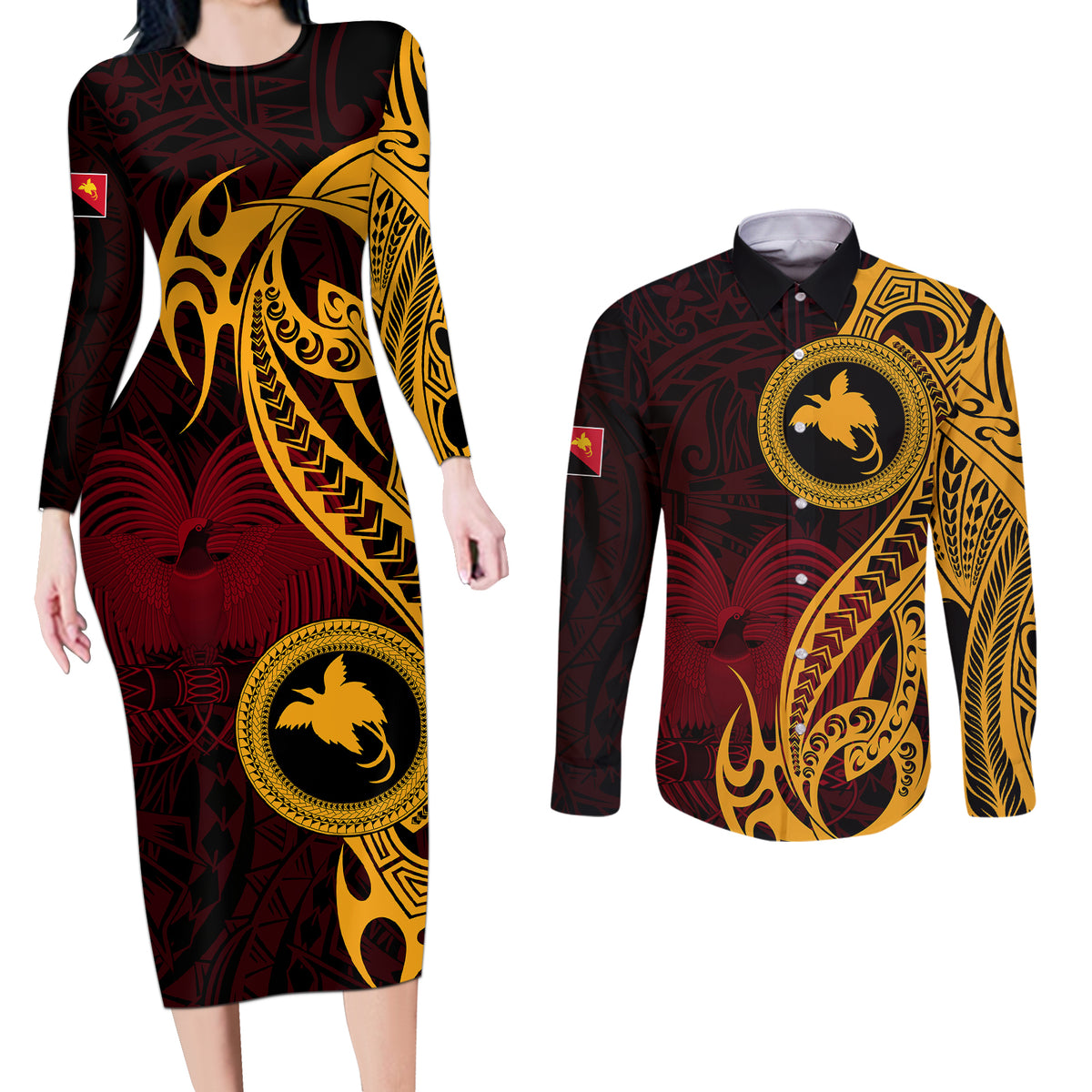 Papua New Guinea Island Couples Matching Long Sleeve Bodycon Dress and Long Sleeve Button Shirts Bird of Paradise with Gold Polynesian Tribal LT9 - Wonder Print Shop
