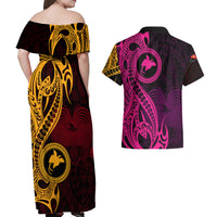 Papua New Guinea Island Couples Matching Off Shoulder Maxi Dress and Hawaiian Shirt Bird of Paradise with Gold Polynesian Tribal LT9 - Wonder Print Shop