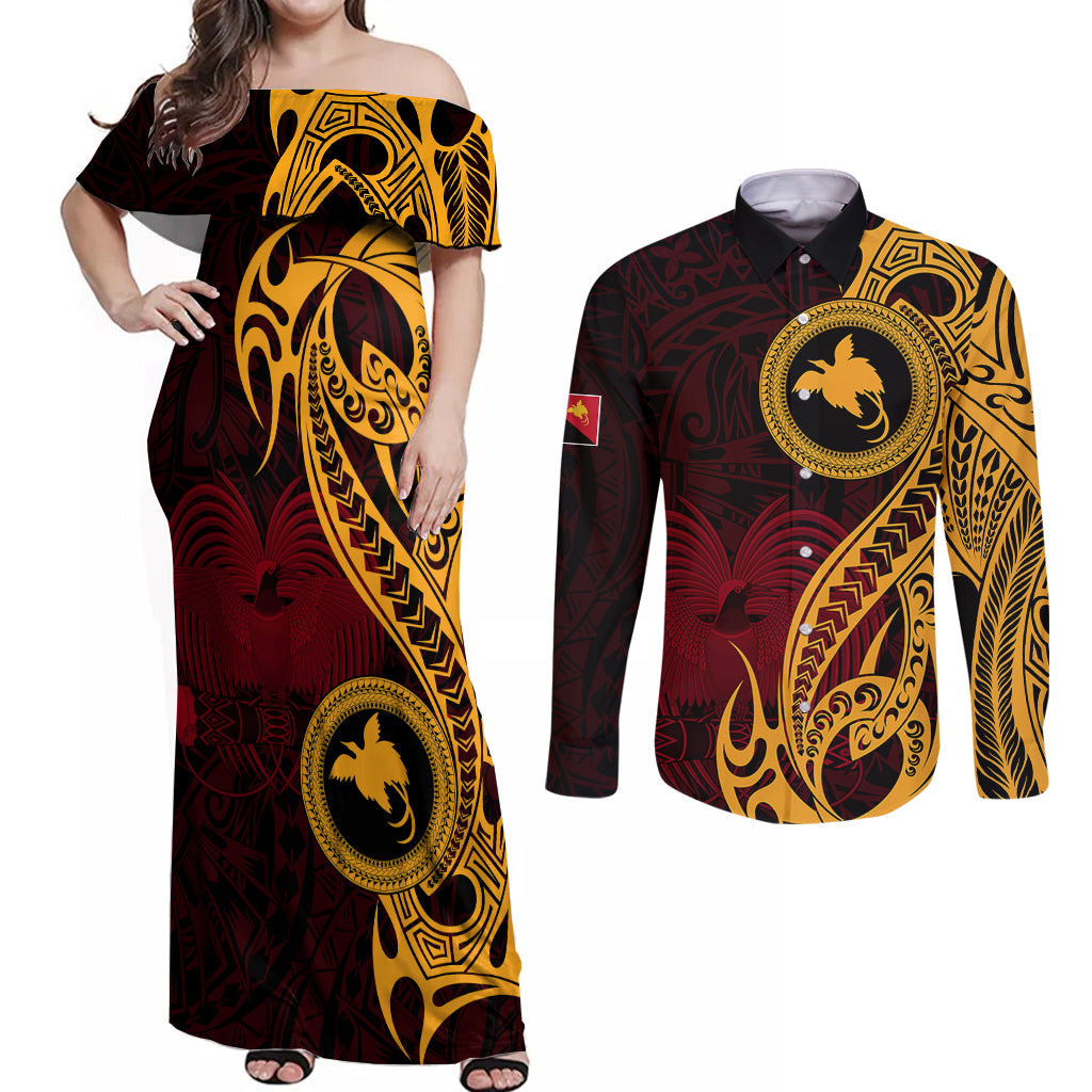Papua New Guinea Island Couples Matching Off Shoulder Maxi Dress and Long Sleeve Button Shirts Bird of Paradise with Gold Polynesian Tribal LT9 - Wonder Print Shop