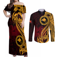 Papua New Guinea Island Couples Matching Off Shoulder Maxi Dress and Long Sleeve Button Shirts Bird of Paradise with Gold Polynesian Tribal LT9 - Wonder Print Shop