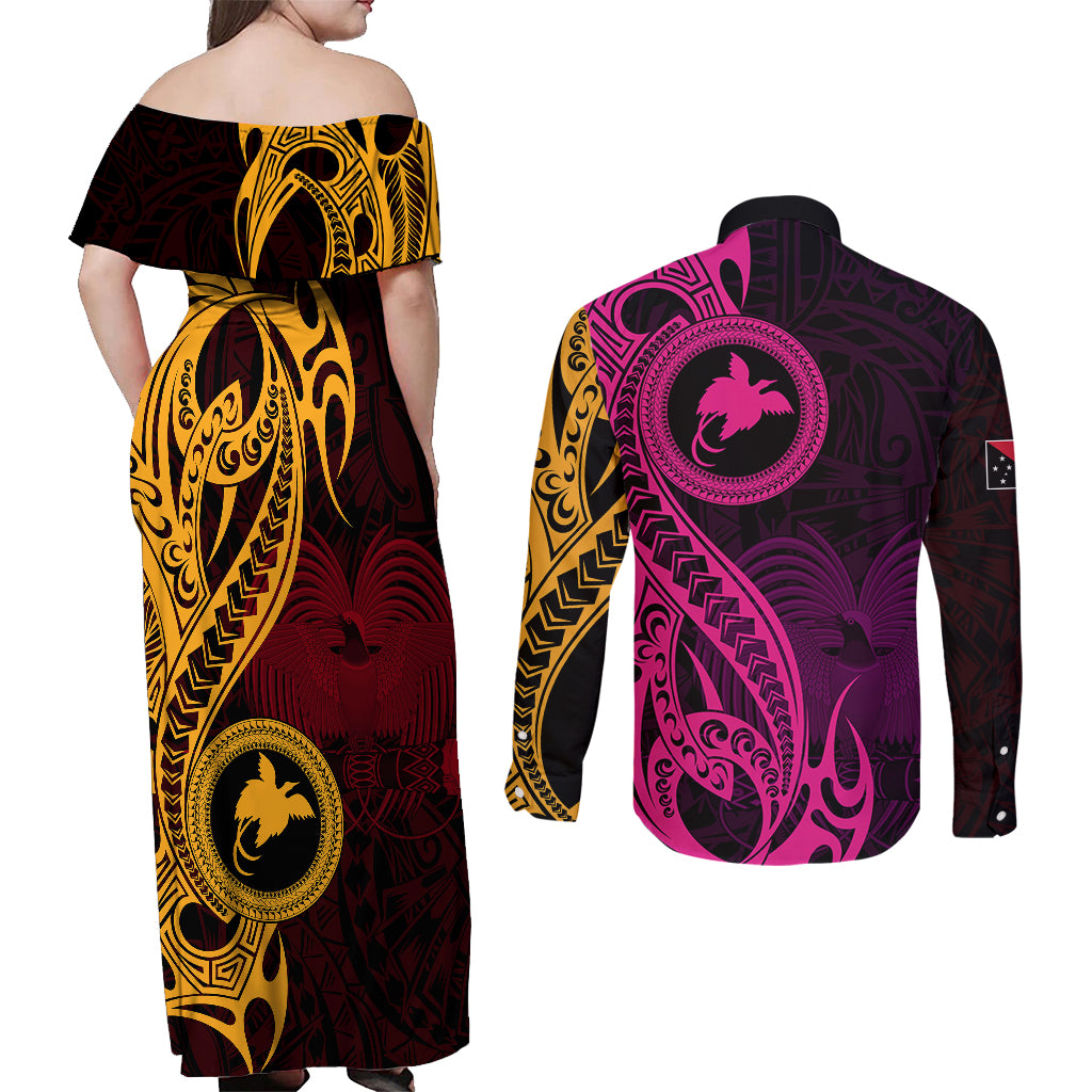 Papua New Guinea Island Couples Matching Off Shoulder Maxi Dress and Long Sleeve Button Shirts Bird of Paradise with Gold Polynesian Tribal LT9 - Wonder Print Shop