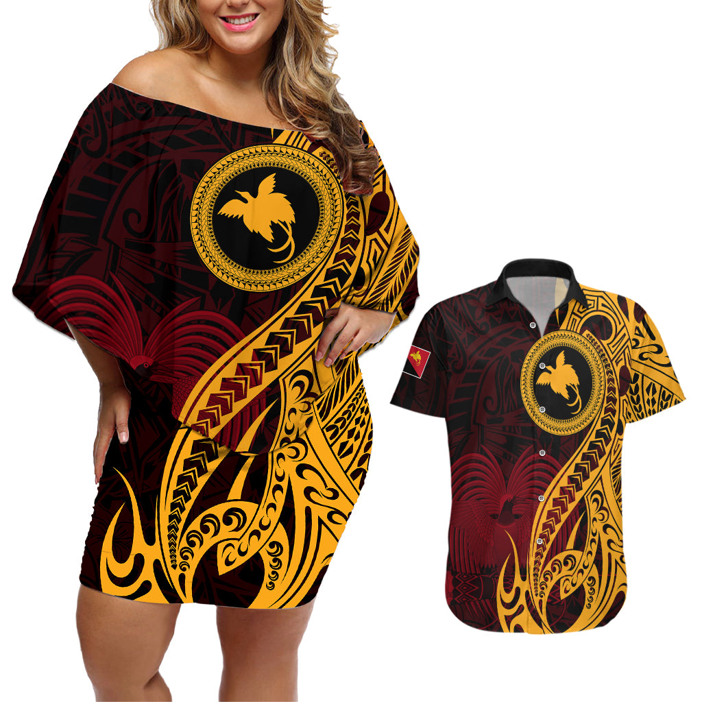 Papua New Guinea Island Couples Matching Off Shoulder Short Dress and Hawaiian Shirt Bird of Paradise with Gold Polynesian Tribal LT9 - Wonder Print Shop