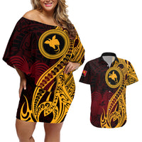 Papua New Guinea Island Couples Matching Off Shoulder Short Dress and Hawaiian Shirt Bird of Paradise with Gold Polynesian Tribal LT9 - Wonder Print Shop